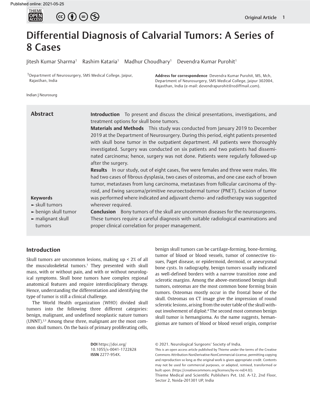 Differential Diagnosis of Calvarial Tumors: a Series of 8 Cases