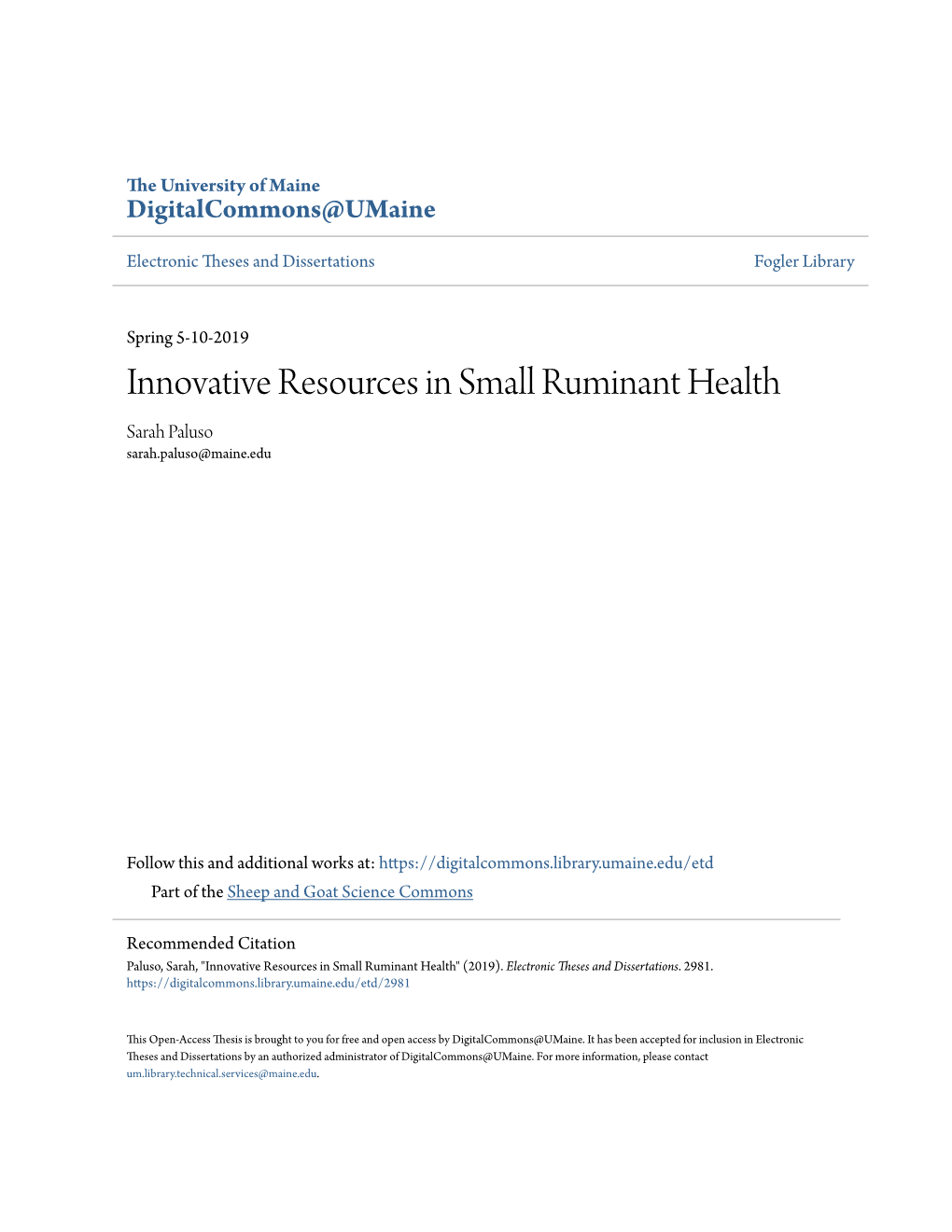 Innovative Resources in Small Ruminant Health Sarah Paluso Sarah.Paluso@Maine.Edu