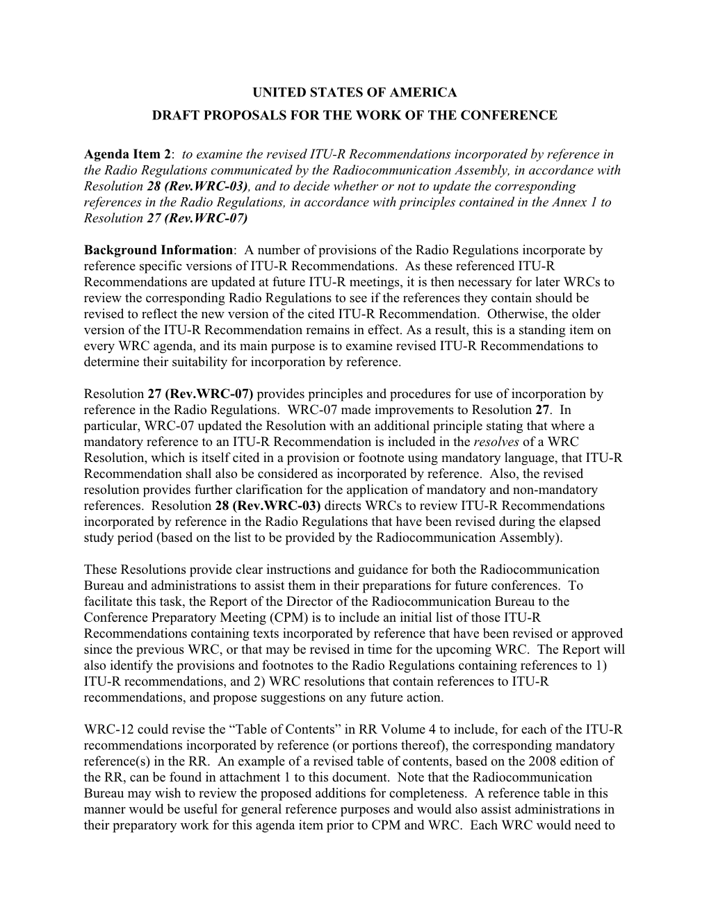 United States of America Draft Proposals for the Work of the Conference