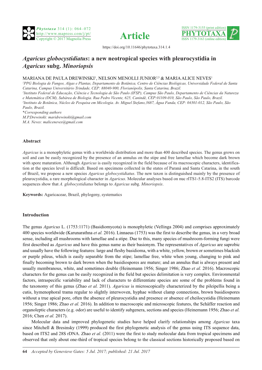 Agaricus Globocystidiatus: a New Neotropical Species with Pleurocystidia in Agaricus Subg