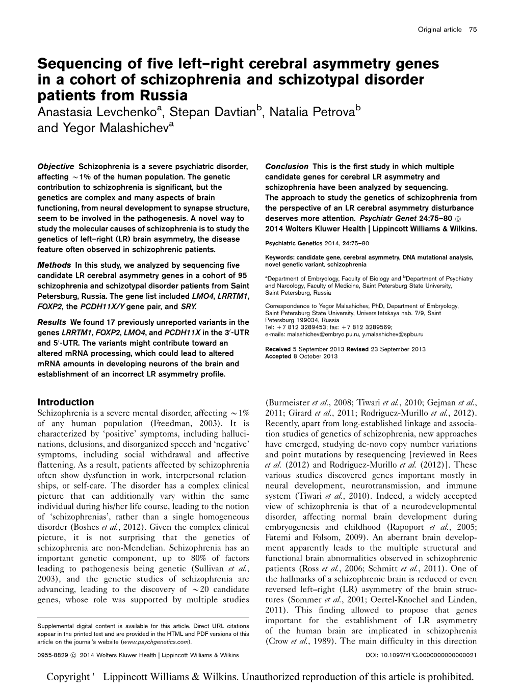 Sequencing of Five Left–Right Cerebral Asymmetry Genes in a Cohort Of