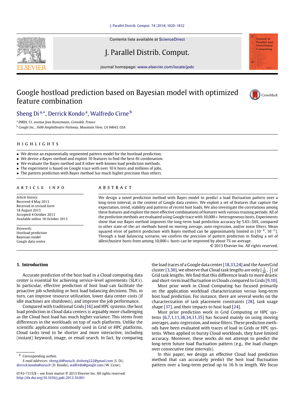 Google Hostload Prediction Based on Bayesian Model with Optimized Feature Combination