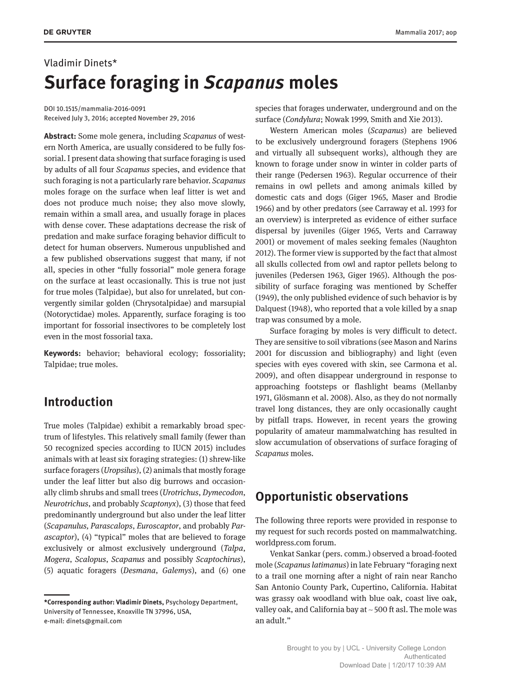 Surface Foraging in Scapanus Moles