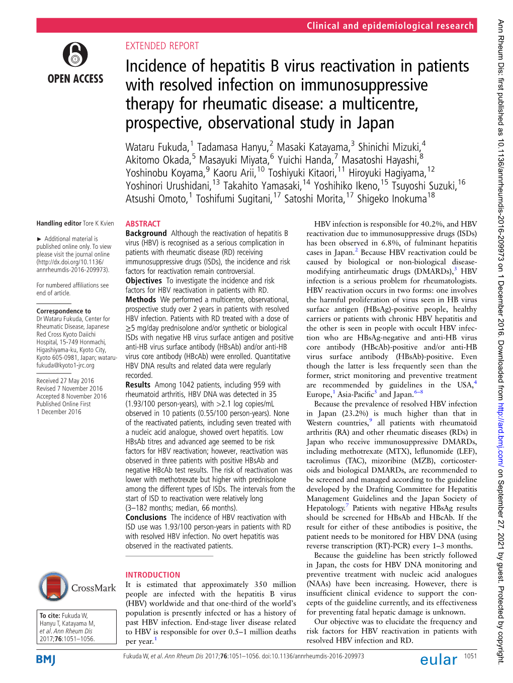 Incidence of Hepatitis B Virus Reactivation in Patients With