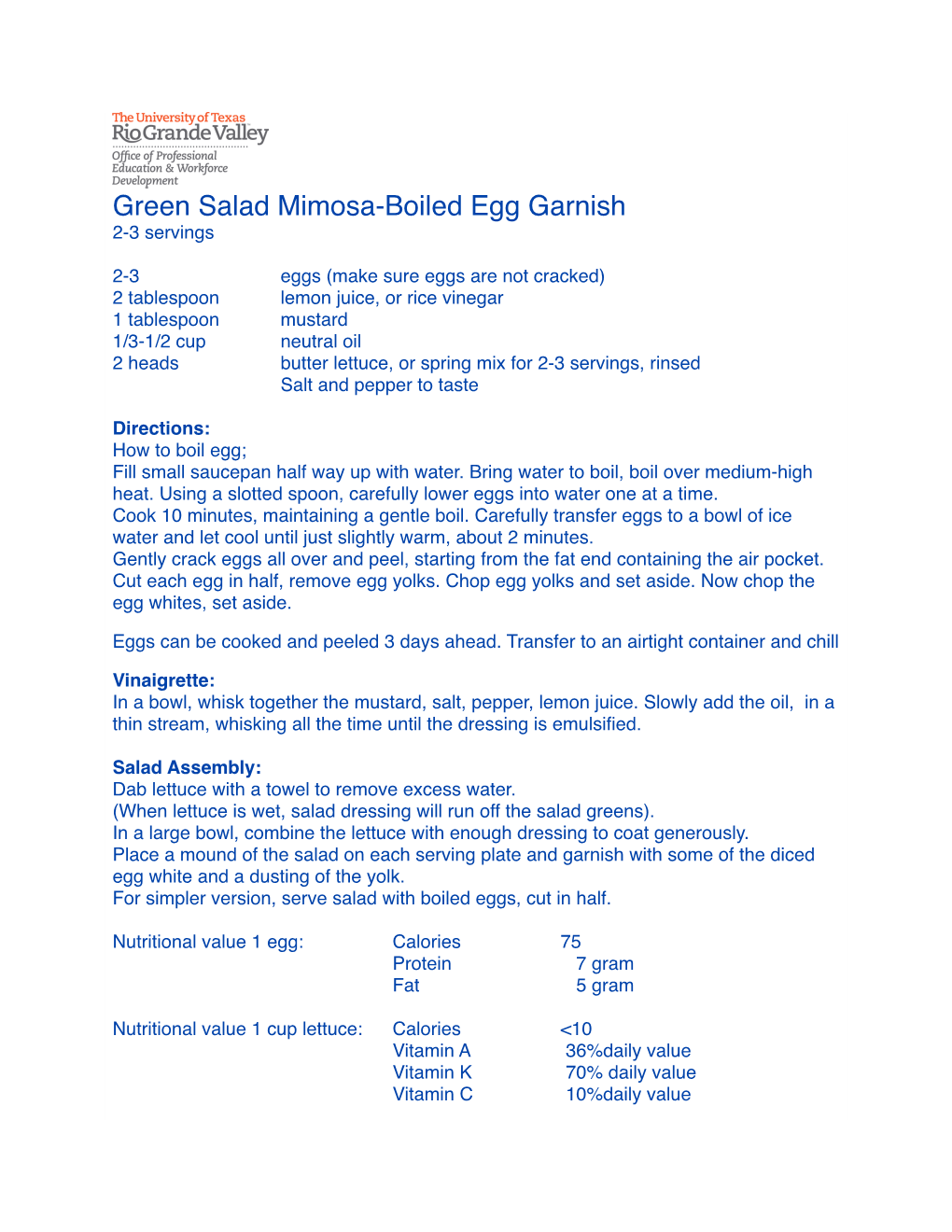 Green Salad Mimosa-Boiled Egg Garnish 2-3 Servings