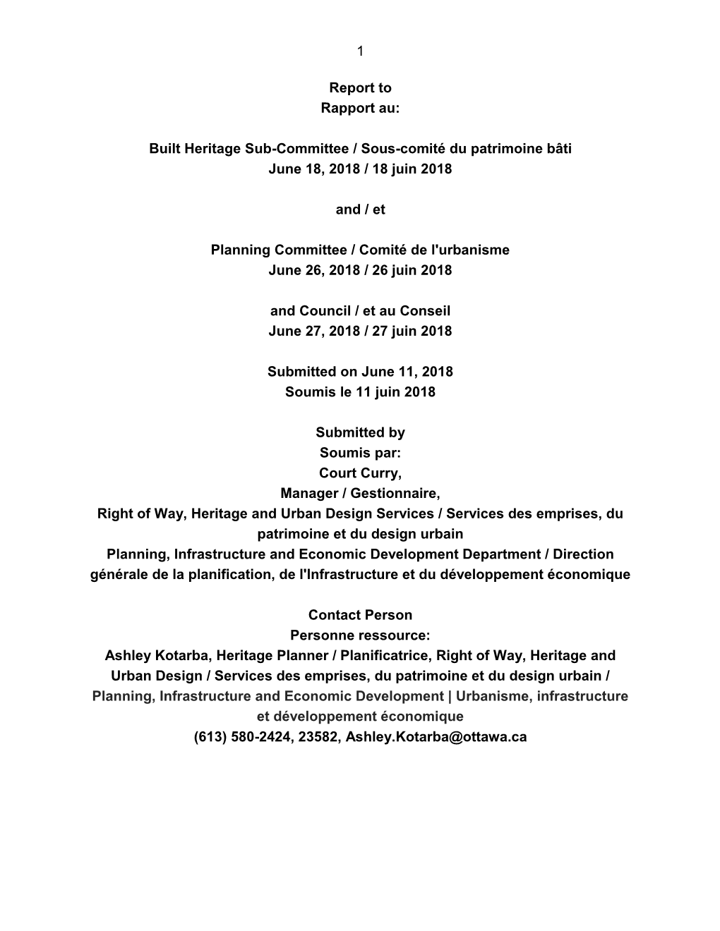 Built Heritage Sub-Committee / Sous-Comité Du Patrimoine Bâti June 18, 2018 / 18 Juin 2018