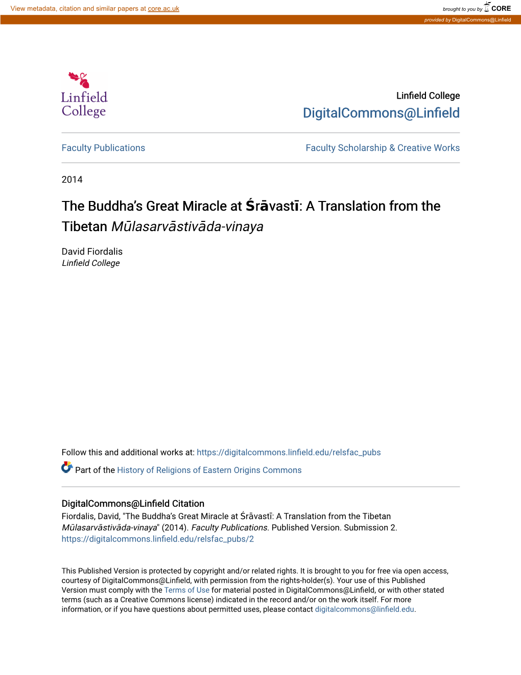 Digitalcommons@Linfield the Buddha's Great Miracle at Śrāvastī