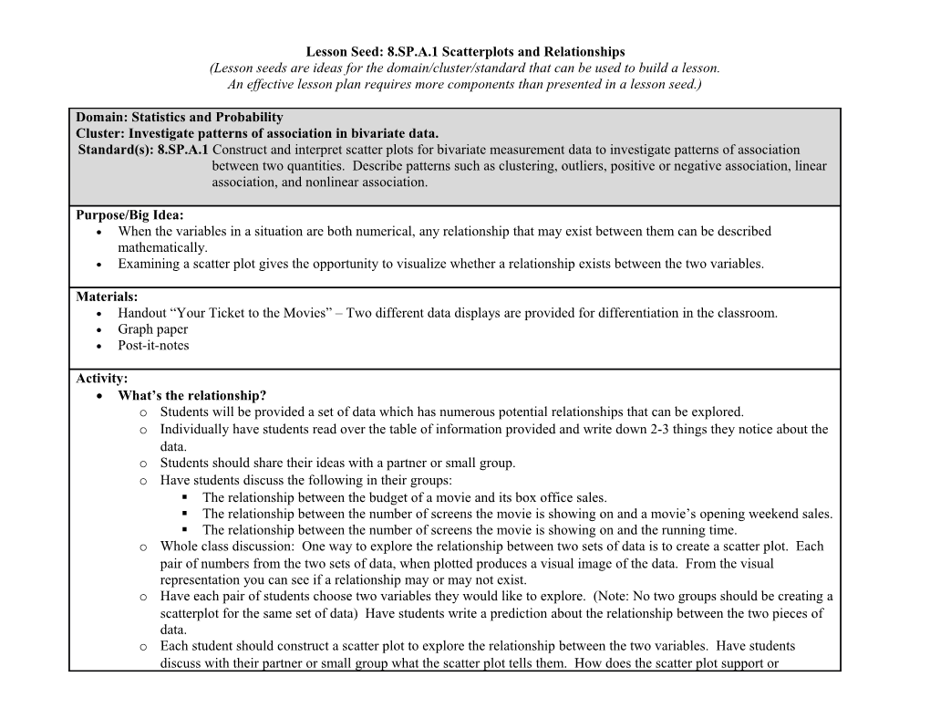 Lesson Seed: 8.SP.A.1 Scatterplots and Relationships