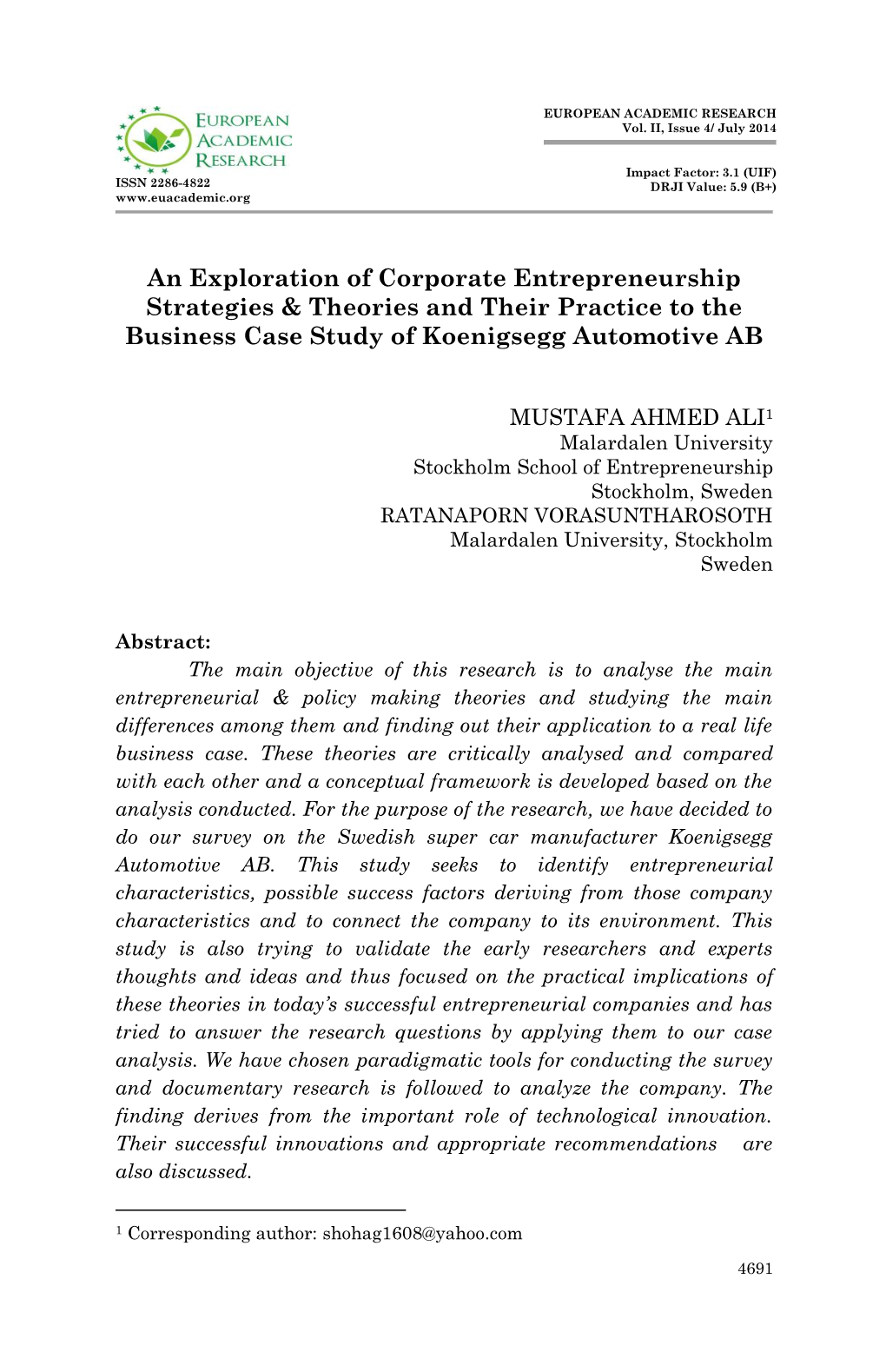 An Exploration of Corporate Entrepreneurship Strategies & Theories and Their Practice to the Business Case Study of Koenigsegg Automotive AB