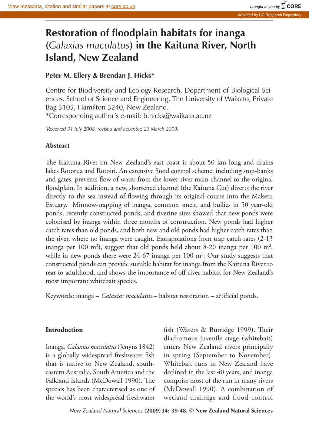 Restoration of Floodplain Habitats for Inanga (Galaxias Maculatus) in the Kaituna River, North Island, New Zealand