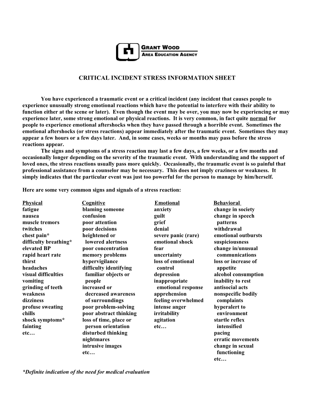 Critical Incident Stress Information Sheet