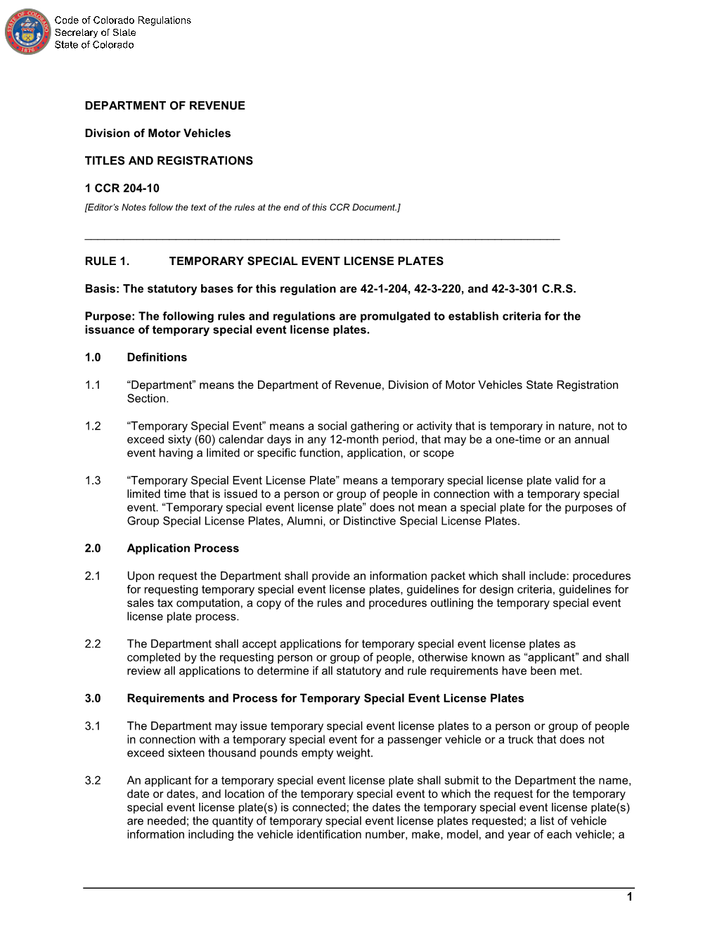 CODE of COLORADO REGULATIONS 1 CCR 204-10 Division of Motor Vehicles