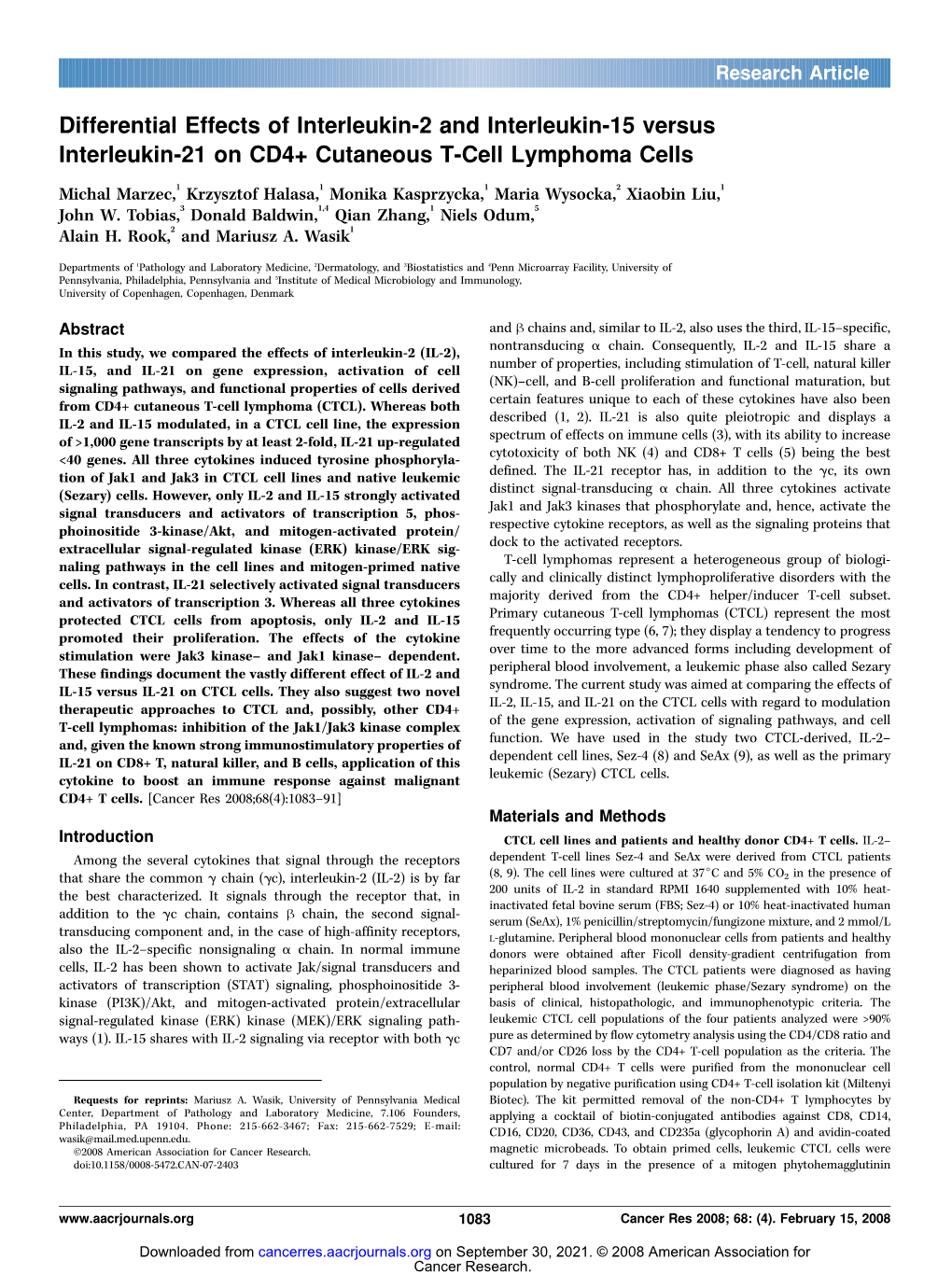 Differential Effects of Interleukin-2 and Interleukin-15 Versus Interleukin-21 on CD4+ Cutaneous T-Cell Lymphoma Cells