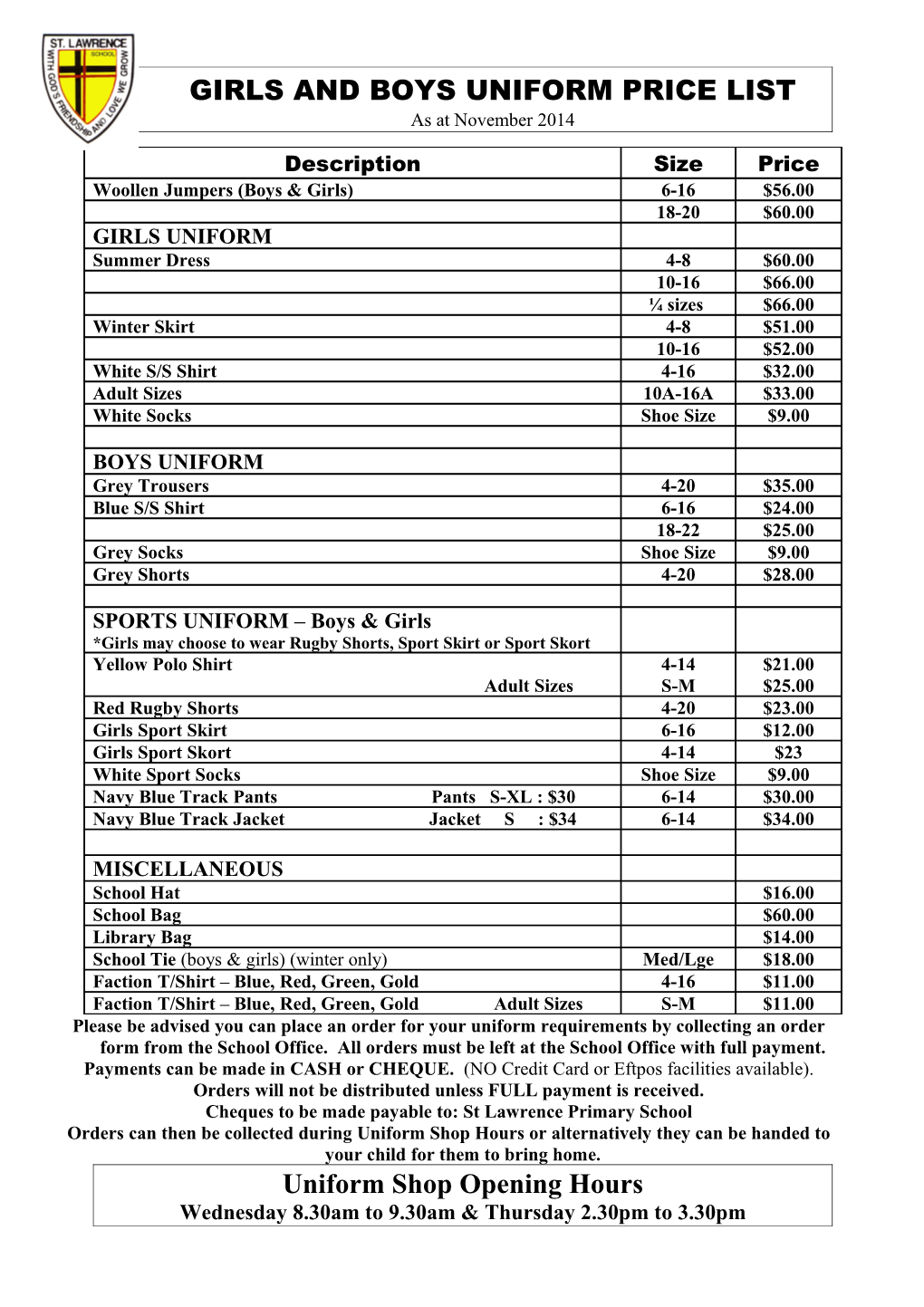 Girls and Boys Uniform Price List