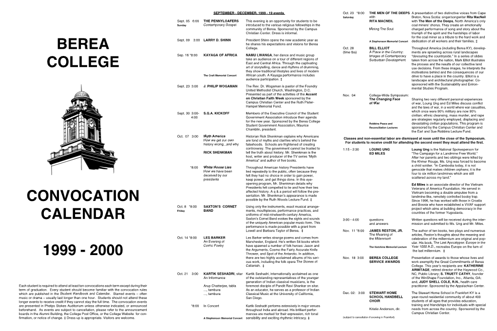 Berea College Convocation Calendar 1999