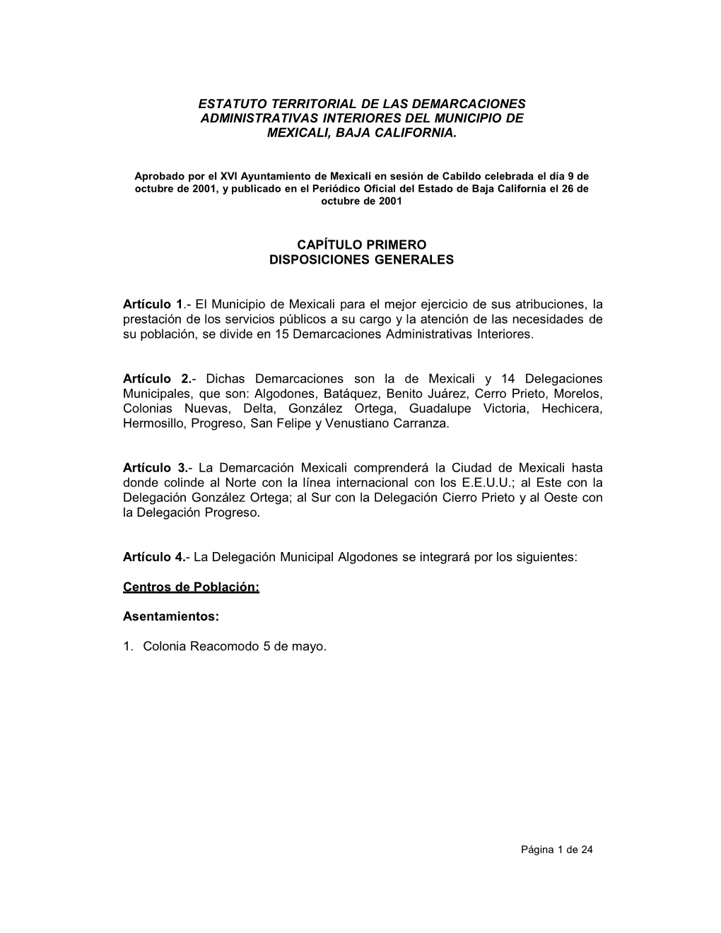 Estatuto Territorial De Las Demarcaciones Administrativas Interiores Del Municipio De Mexicali, Baja California