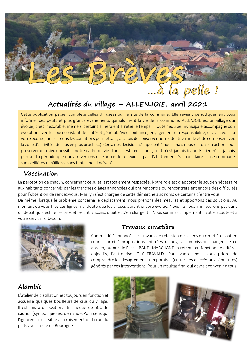 Actualités Du Village – ALLENJOIE, Avril 2021 Cette Publication Papier Complète Celles Diffusées Sur Le Site De La Commune