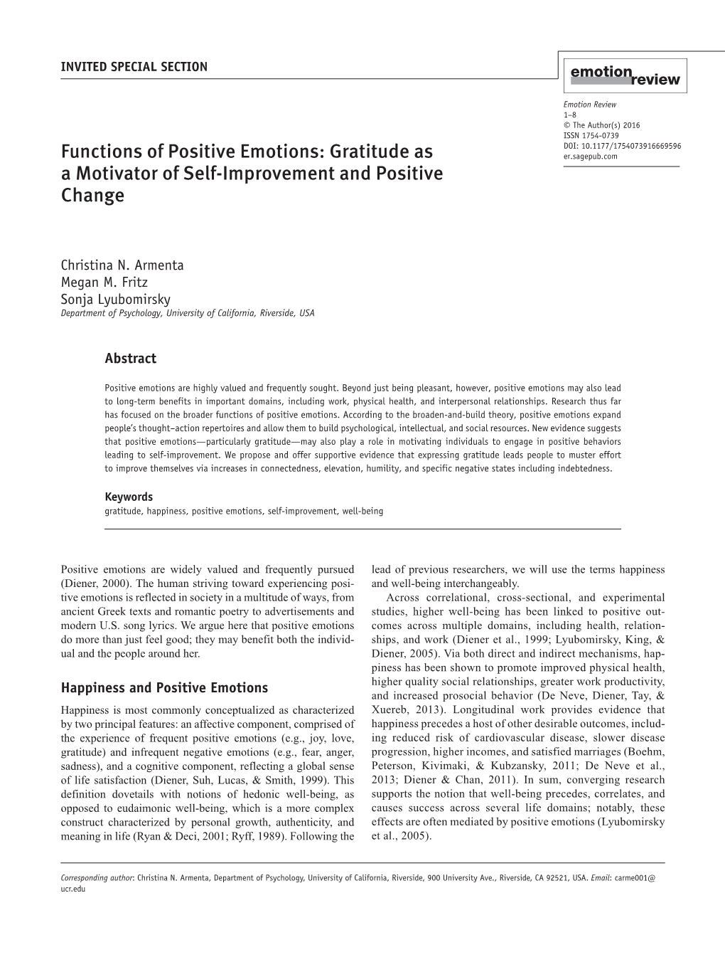 Functions of Positive Emotions: Gratitude As a Motivator of Self