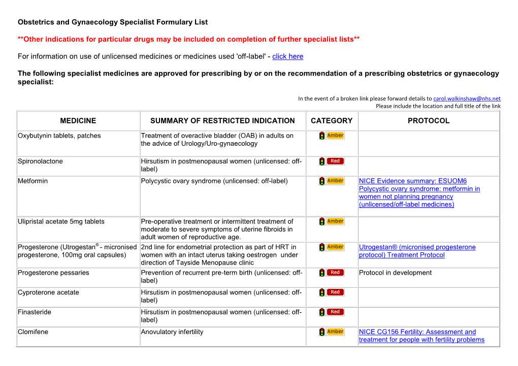 Obstetrics & Gynaecology Specialist Formulary List