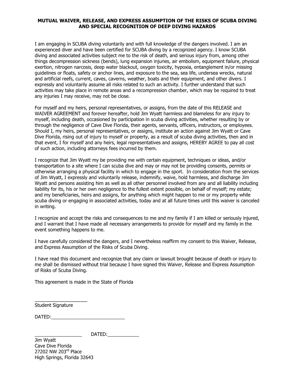 Mutual Waiver, Release, and Express Assumption of the Risks of Scuba Diving and Special Recognition of Deep Diving Hazards