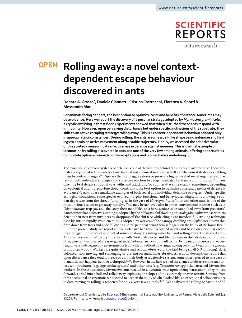 Rolling Away: a Novel Context- Dependent Escape Behaviour Discovered in Ants Donato A