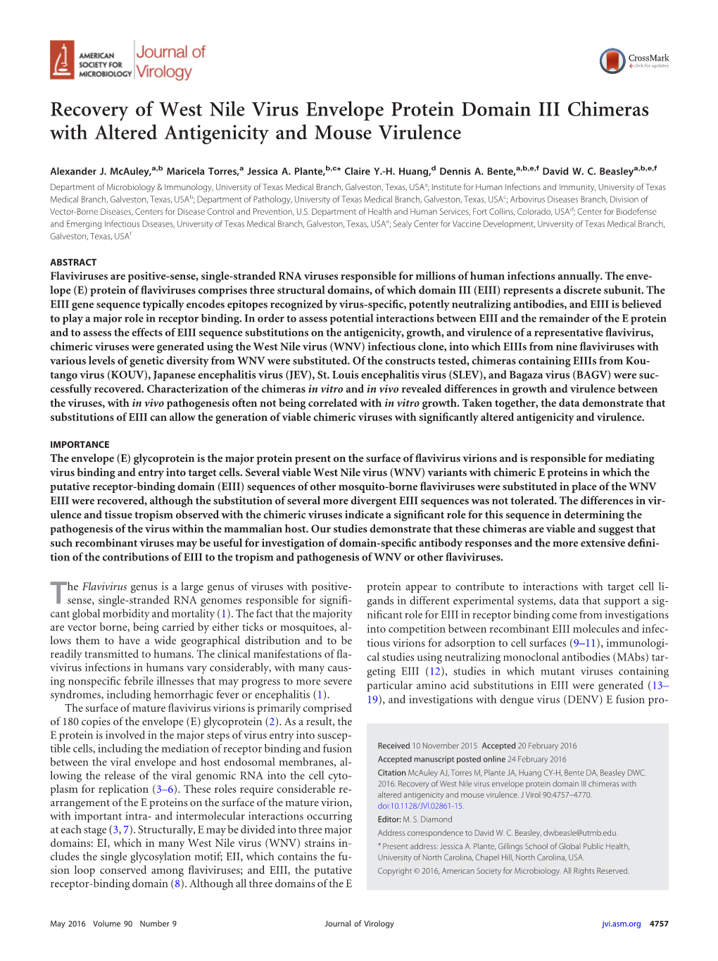 Recovery of West Nile Virus Envelope Protein Domain III Chimeras with Altered Antigenicity and Mouse Virulence