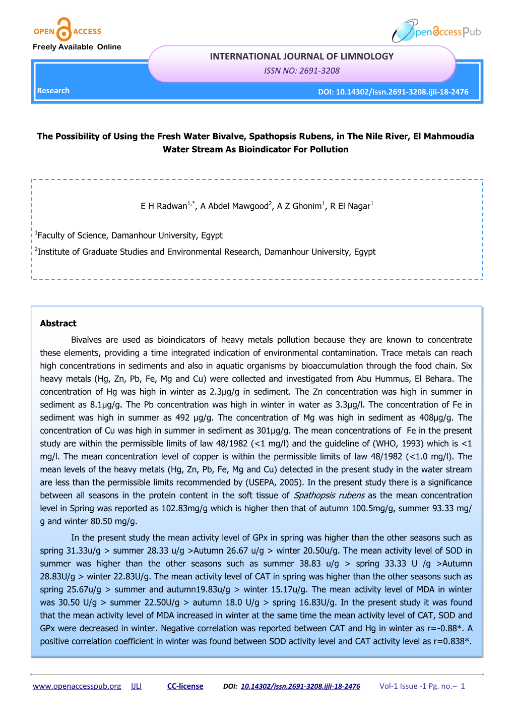 International Journal of Limnology Issn No: 2691-3208