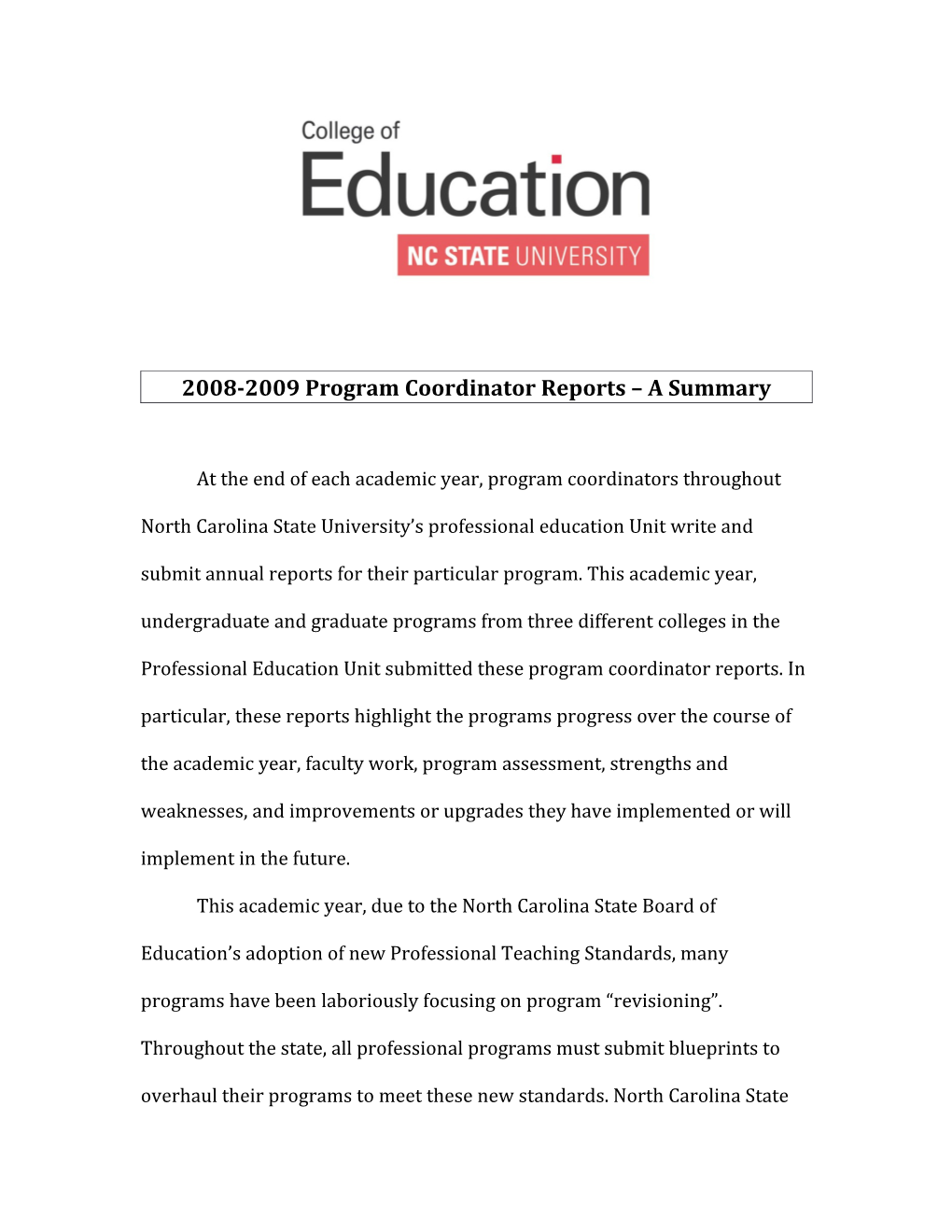 2008-2009 Program Coordinator Reports a Summary