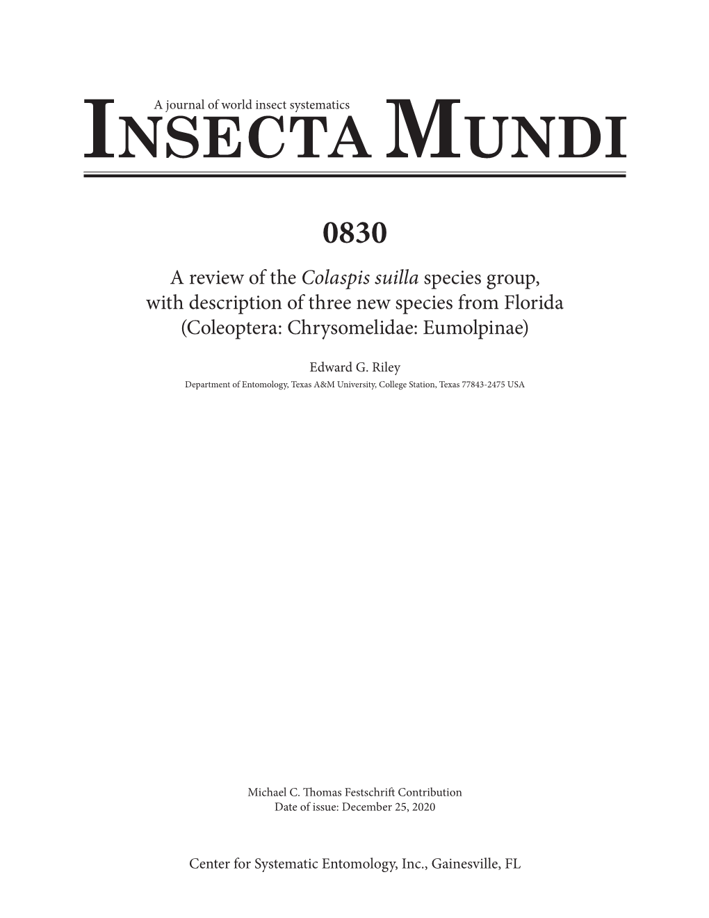 Colaspis Suilla Species Group, Page Count: 21 with Description of Three New Species from Florida (Coleoptera: Chrysomelidae: Eumolpinae)