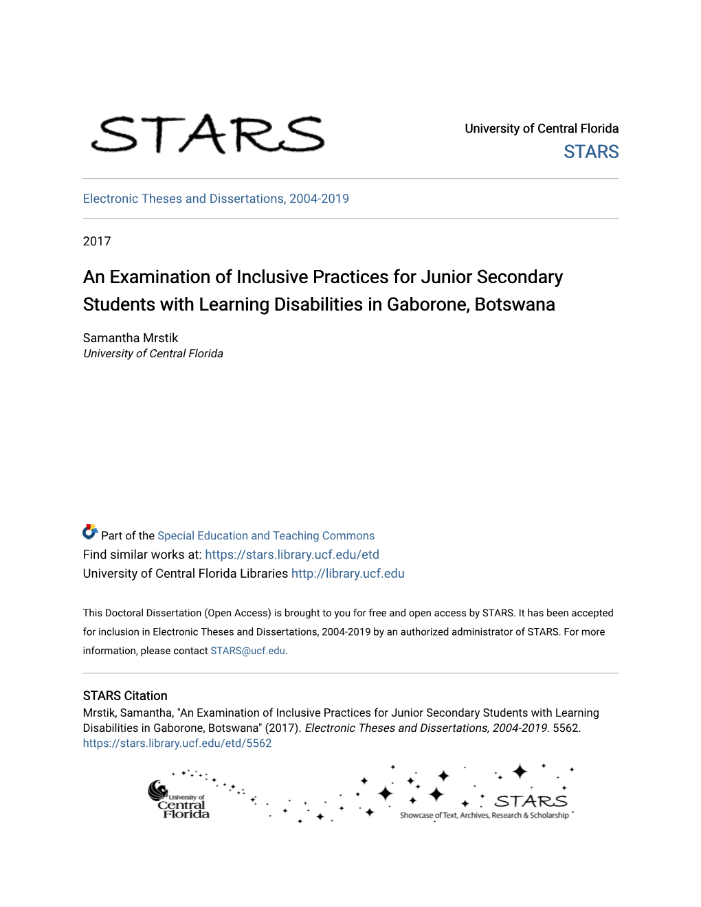 An Examination of Inclusive Practices for Junior Secondary Students with Learning Disabilities in Gaborone, Botswana