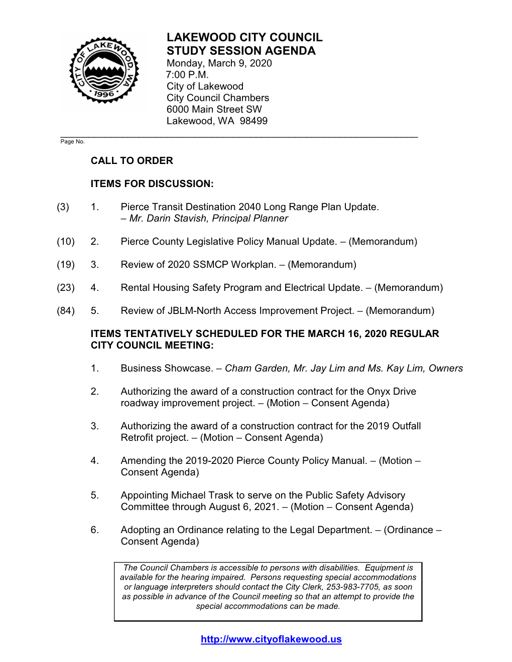 LAKEWOOD CITY COUNCIL STUDY SESSION AGENDA Monday, March 9, 2020 7:00 P.M