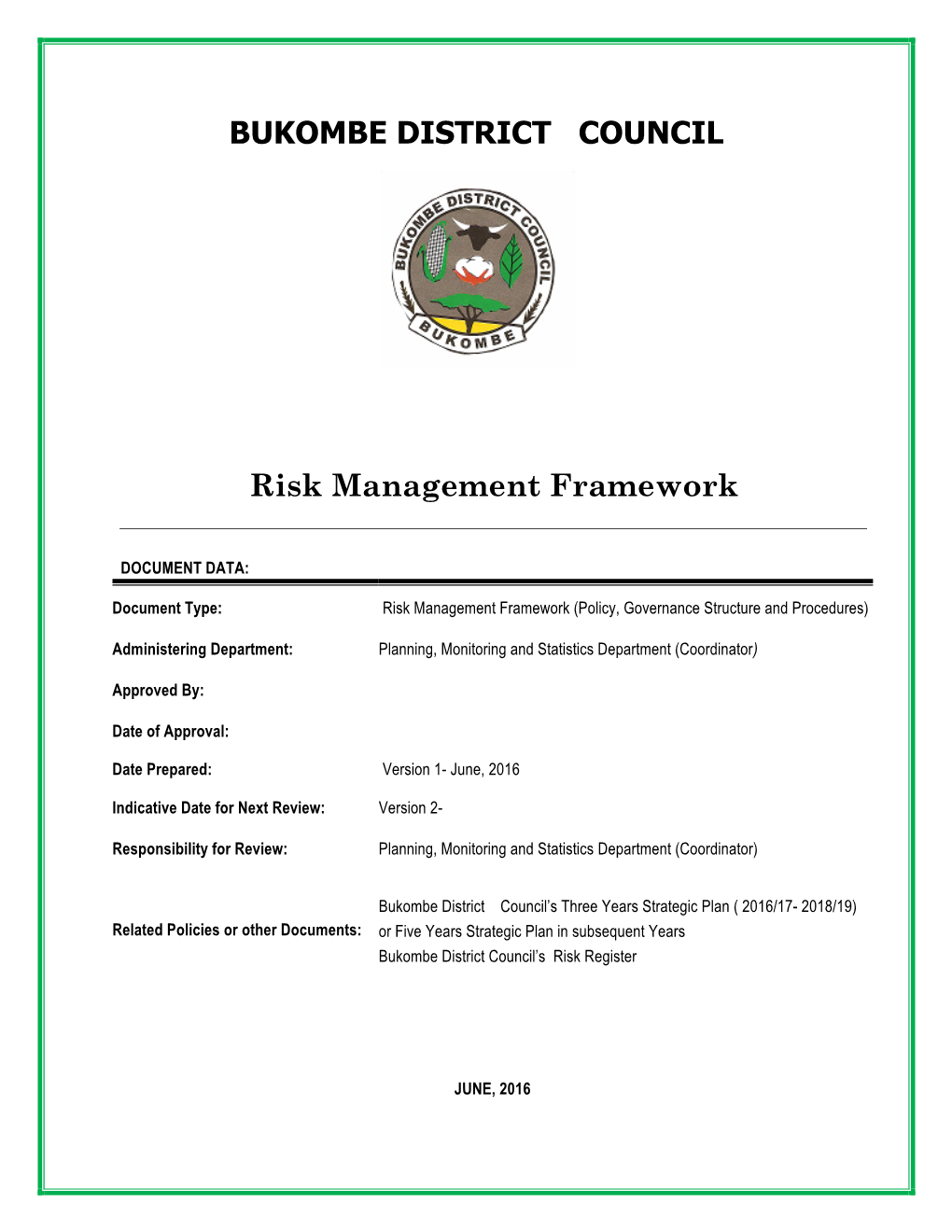 BUKOMBE DISTRICT COUNCIL Risk Management Framework