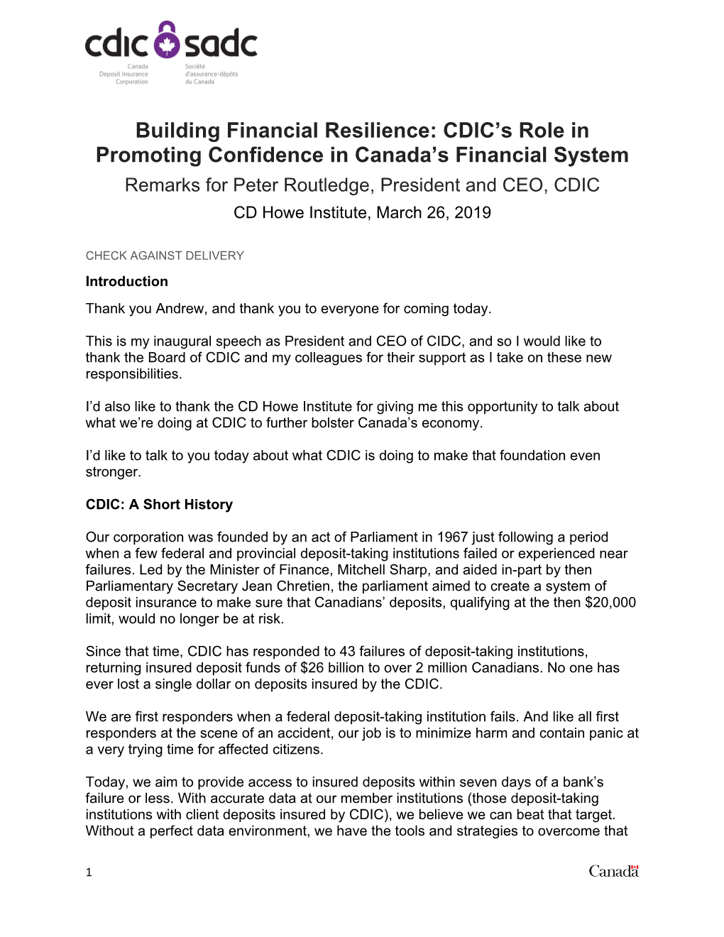 CDIC's Role in Promoting Confidence in Canada's Financial System