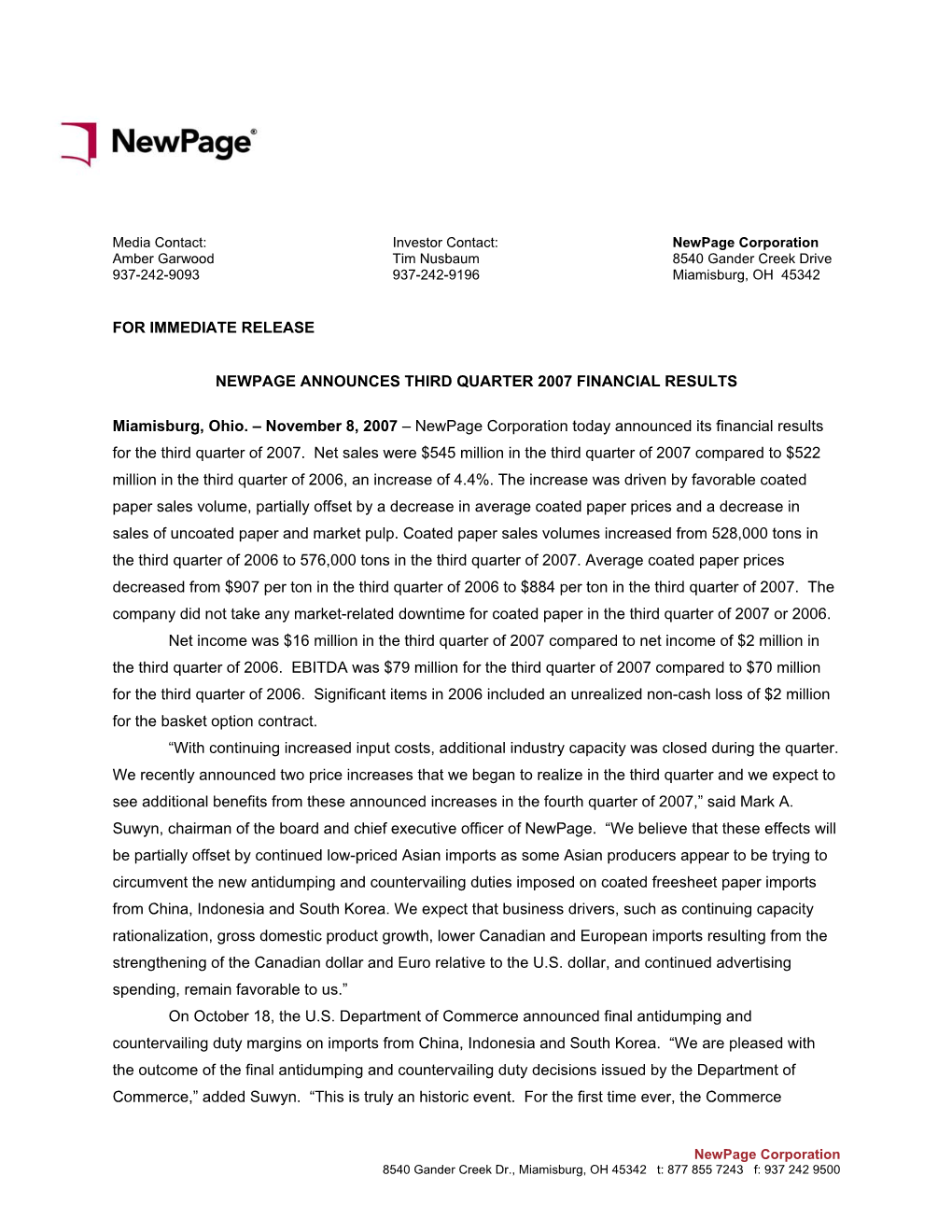 For Immediate Release Newpage Announces Third
