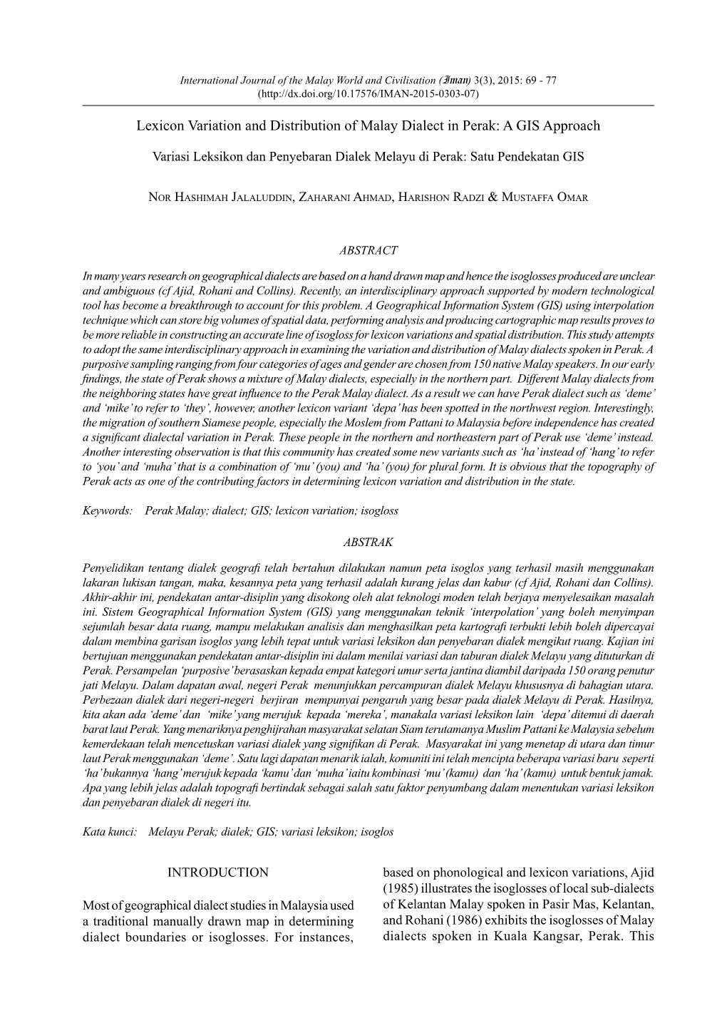 Lexicon Variation and Distribution of Malay Dialect in Perak: a GIS Approach