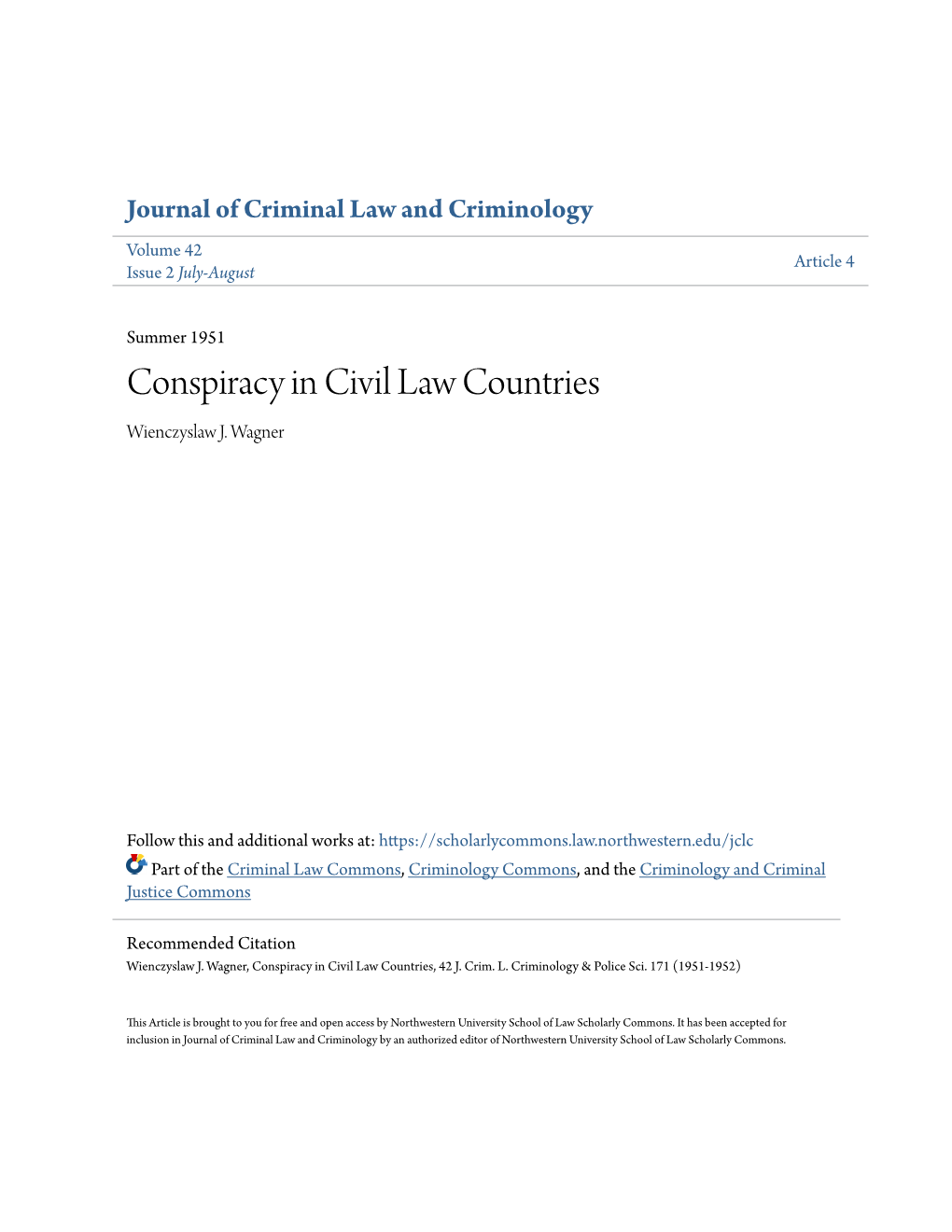 Conspiracy in Civil Law Countries Wienczyslaw J