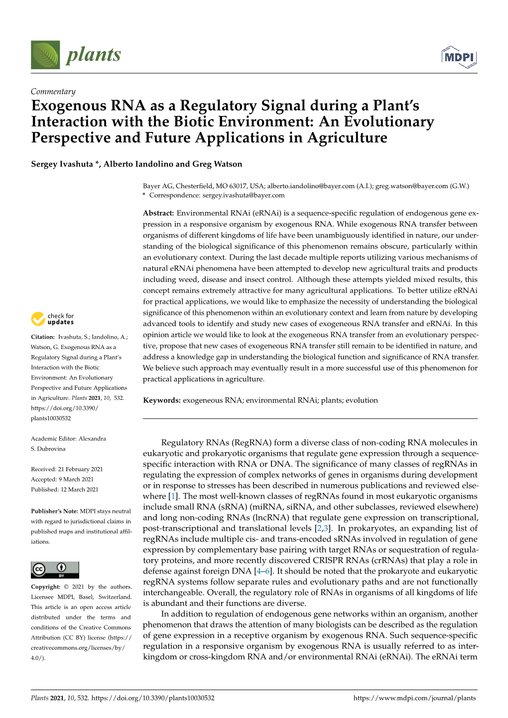 Exogenous RNA As a Regulatory Signal During a Plant's Interaction