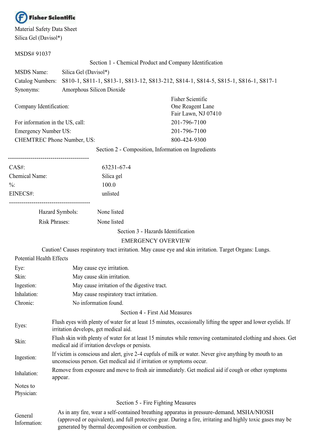 Material Safety Data Sheet Silica Gel (Davisol*) MSDS# 91037 Section 1