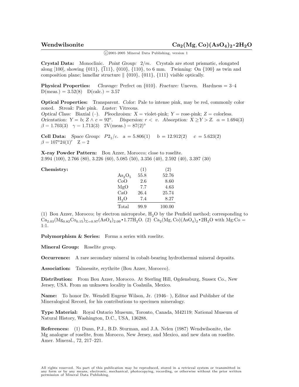 Wendwilsonite Ca2(Mg, Co)(Aso4)2 • 2H2O C 2001-2005 Mineral Data Publishing, Version 1