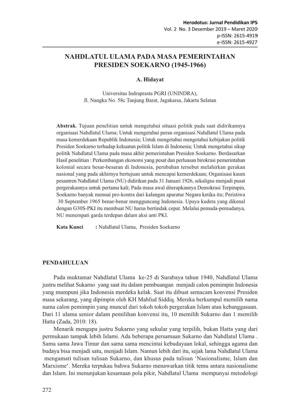 Nahdlatul Ulama Pada Masa Pemerintahan Presiden Soekarno (1945-1966)