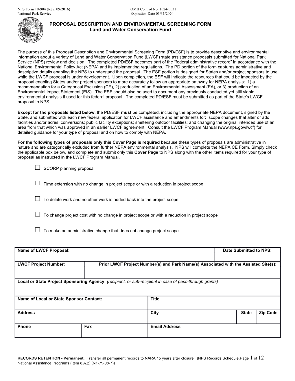 NPS Form 10-904 (Rev. 09/2016) OMB Control No. 1024-0031