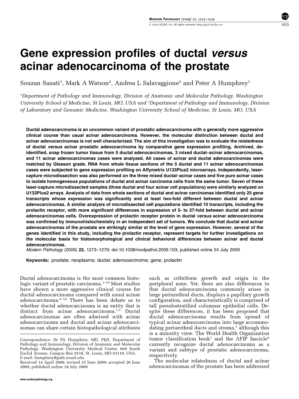 Gene Expression Profiles of Ductal Versus Acinar Adenocarcinoma of the Prostate