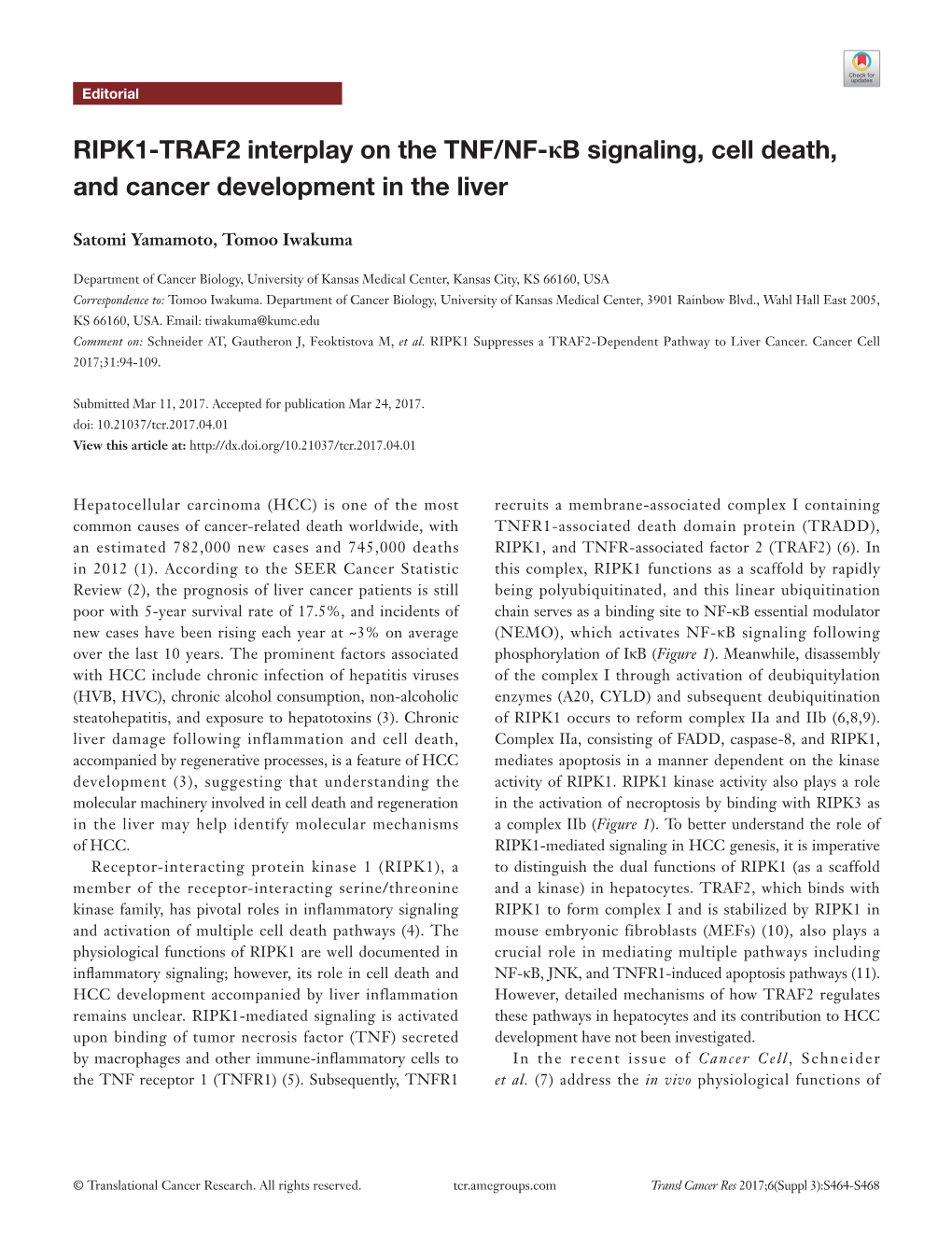 RIPK1-TRAF2 Interplay on the TNF/NF-Κb Signaling, Cell Death, and Cancer Development in the Liver