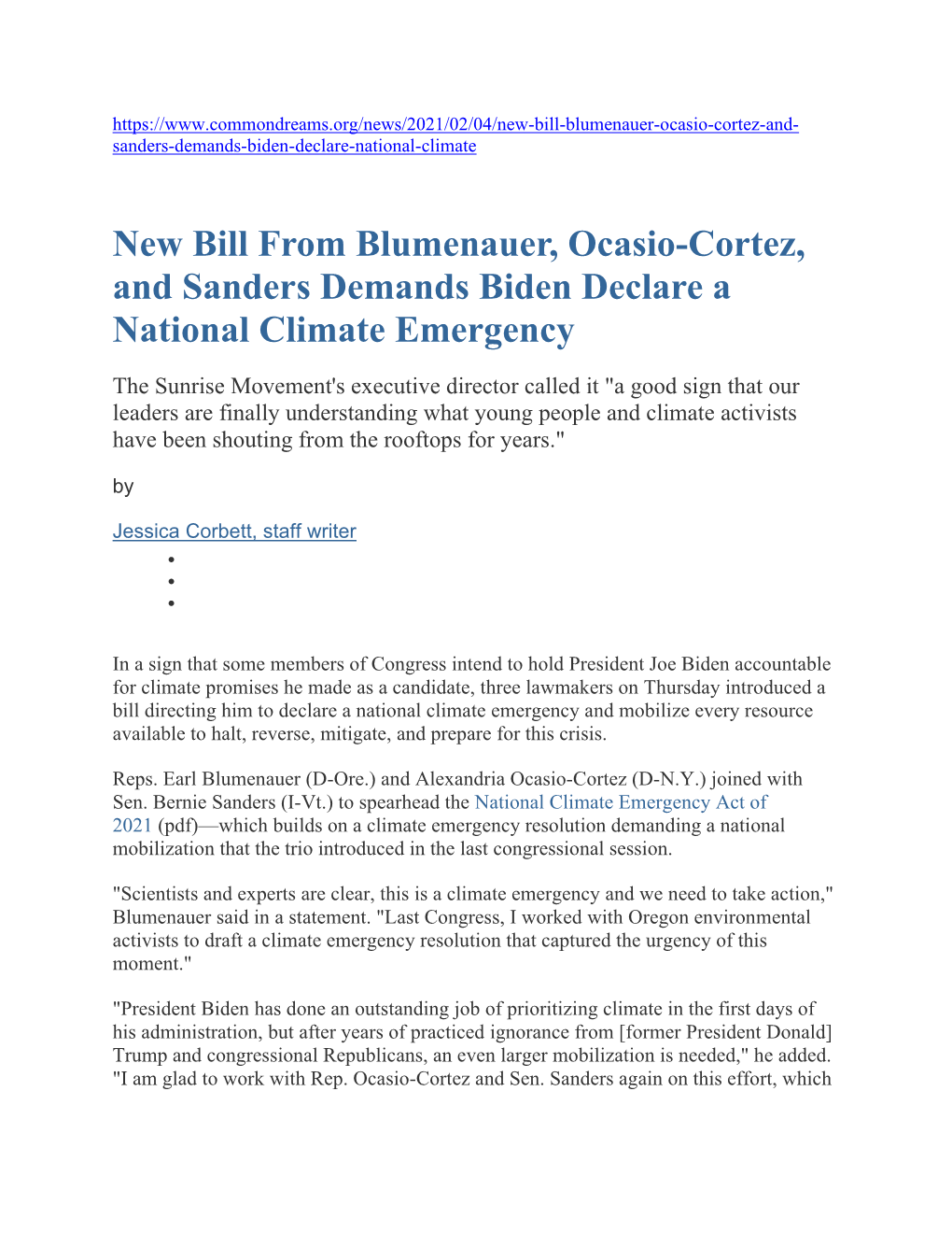 New Bill from Blumenauer, Ocasio-Cortez, and Sanders Demands Biden Declare a National Climate Emergency