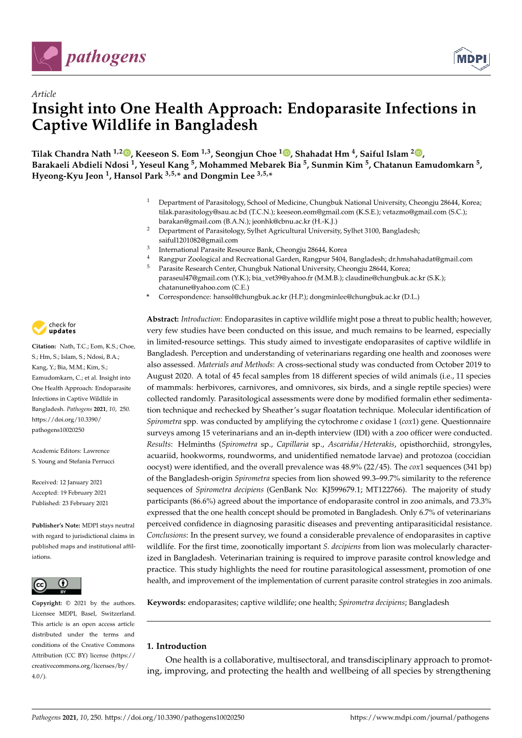 Insight Into One Health Approach: Endoparasite Infections in Captive Wildlife in Bangladesh