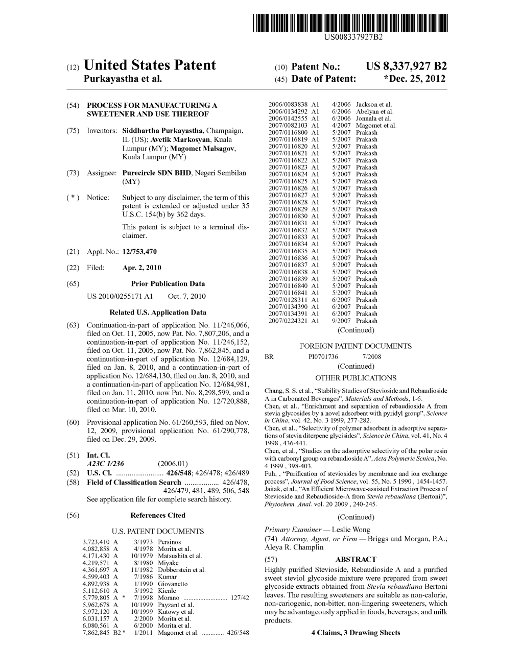 (12) United States Patent (10) Patent No.: US 8,337,927 B2 Purkayastha Et Al