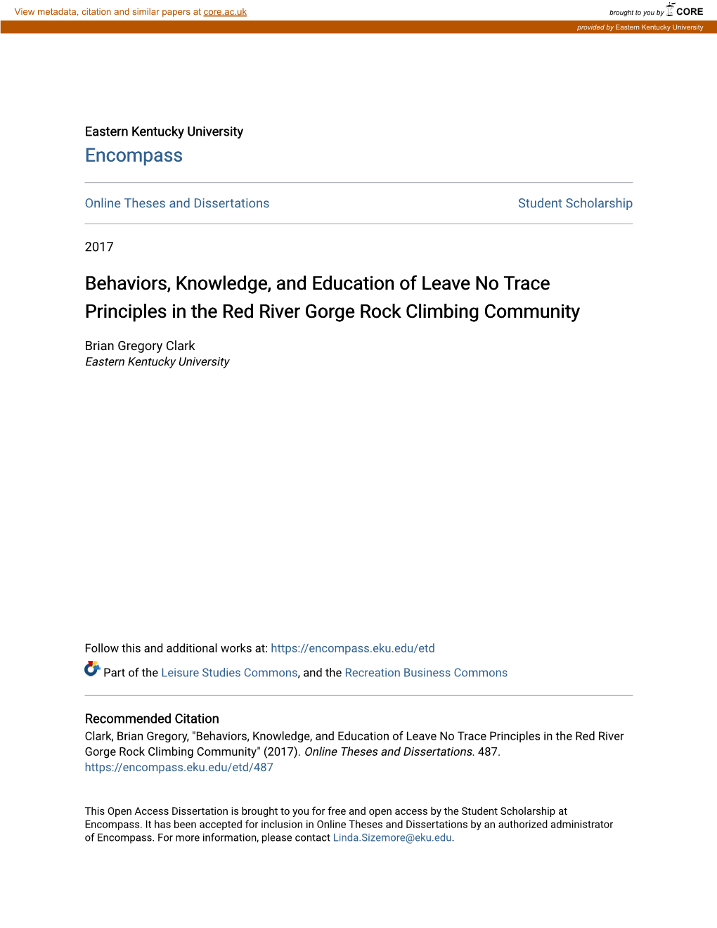 Behaviors, Knowledge, and Education of Leave No Trace Principles in the Red River Gorge Rock Climbing Community