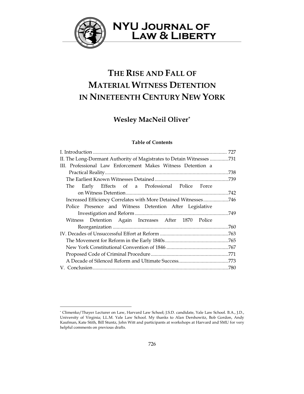 The Rise and Fall of Material Witness Detention in Nineteenth Century New York