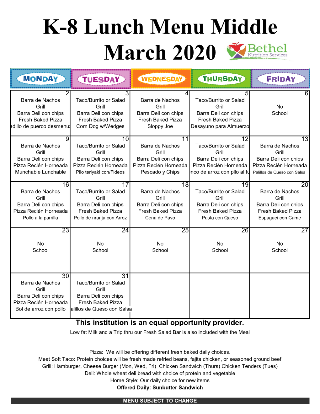 K-8 Lunch Menu Middle March 2020 NEW-Chicken Wraps