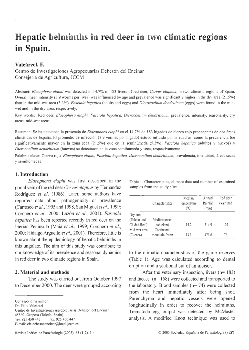 Hepatic Helminths in Red Deer in Two Climatic Regions in Spain